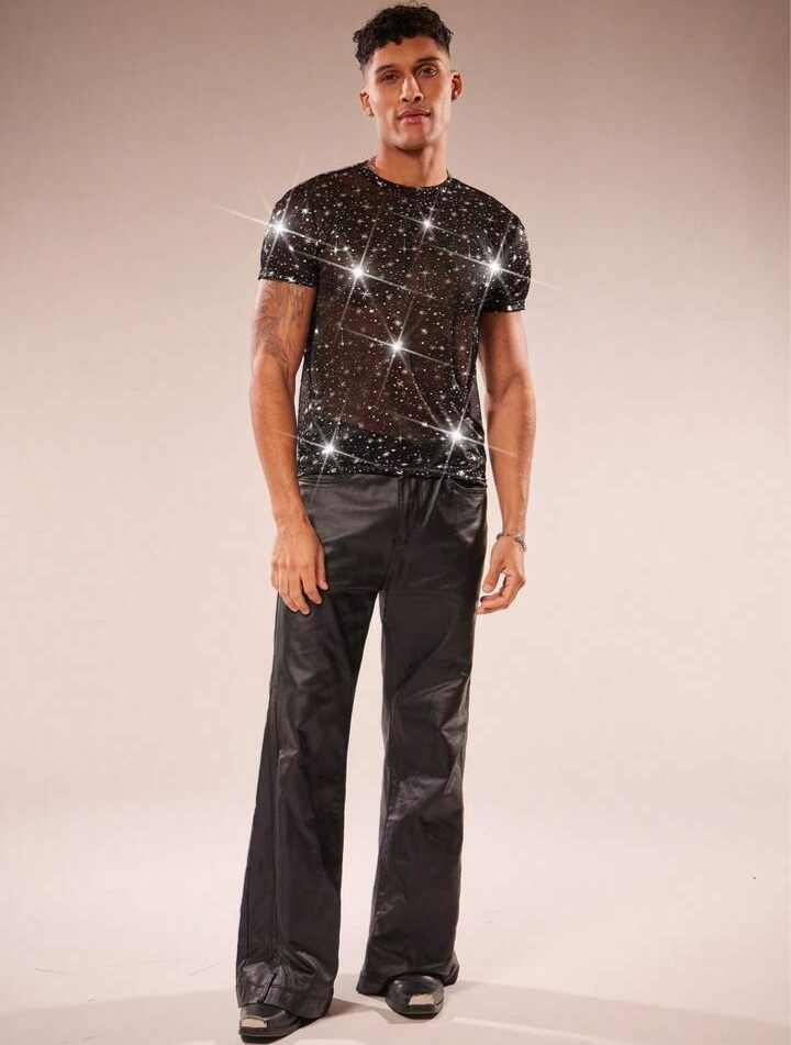 Men's Mesh Sheer Glitter Round Neck T-Shirt